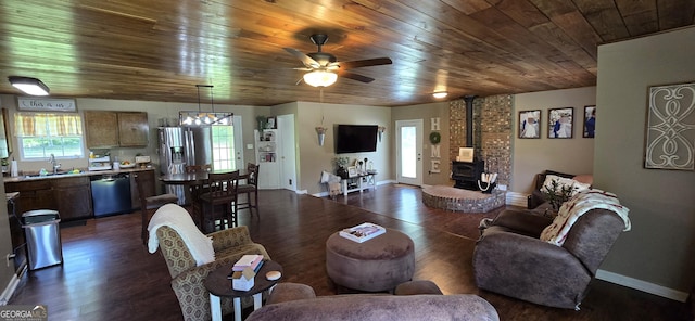 467 Witherington Cir, East Dublin, GA 31027 - living room with a wood stove, plenty of natural light, wood ceiling, dark wood-style floors, and a ceiling fan