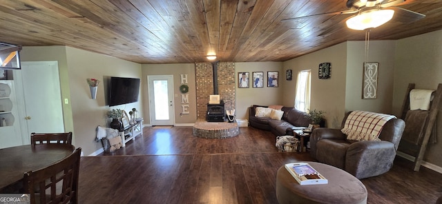 467 Witherington Cir, East Dublin, GA 31027 - living room with a wood stove, plenty of natural light, wood finished floors, and wooden ceiling