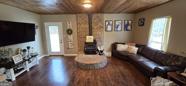 467 Witherington Cir, East Dublin, GA 31027 - living room with a wood stove, plenty of natural light, wood ceiling, and dark wood-type flooring