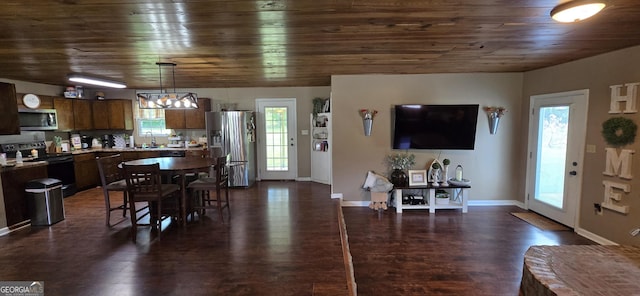 467 Witherington Cir, East Dublin, GA 31027 - dining space featuring wooden ceiling, dark wood-style flooring, and a chandelier