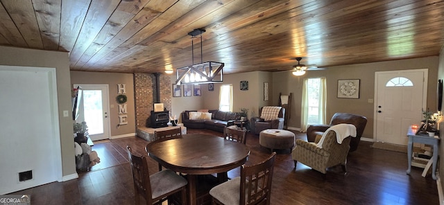 467 Witherington Cir, East Dublin, GA 31027 - dining space with a wood stove, wood ceiling, dark wood-type flooring, and a ceiling fan