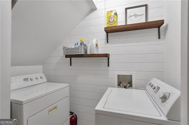 410 Sheringham Ct, Roswell, GA 30076 - washroom featuring washing machine and dryer and wood walls