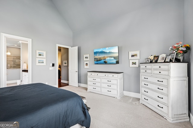 2470 Green Mountain Dr, Braselton, GA 30517 - bedroom with high vaulted ceiling, light colored carpet, and connected bathroom