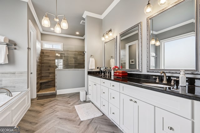 2470 Green Mountain Dr, Braselton, GA 30517 - full bath with crown molding, double vanity, a walk in shower, and a garden tub