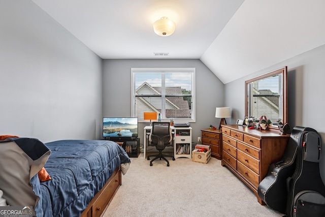 2470 Green Mountain Dr, Braselton, GA 30517 - bedroom featuring a desk, light carpet, and vaulted ceiling