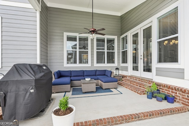 2470 Green Mountain Dr, Braselton, GA 30517 - view of patio / terrace featuring an outdoor hangout area, a grill, french doors, and ceiling fan