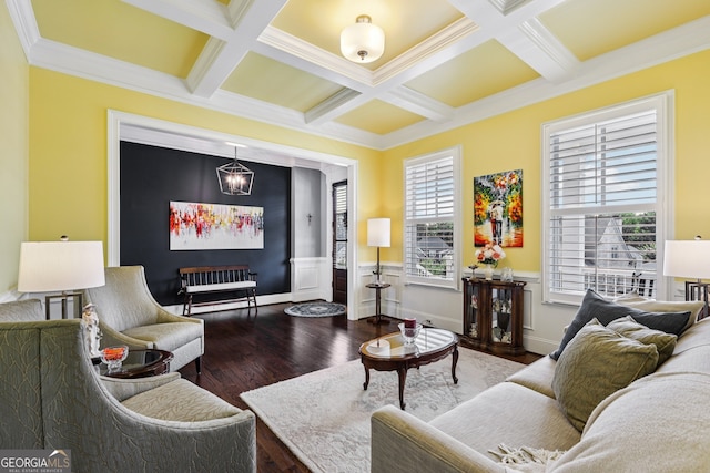 2470 Green Mountain Dr, Braselton, GA 30517 - living room with wood finished floors, coffered ceiling, beam ceiling, a wainscoted wall, and ornamental molding