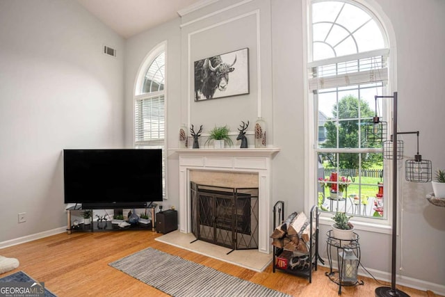 1511 Rocky Knoll Ln, Dacula, GA 30019 - living area with wood finished floors, a fireplace with raised hearth, and lofted ceiling