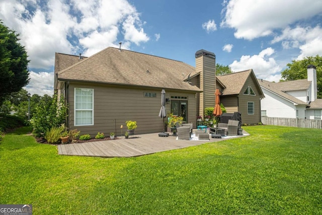 1511 Rocky Knoll Ln, Dacula, GA 30019 - back of property featuring an outdoor living space, roof with shingles, a chimney, a deck, and a patio