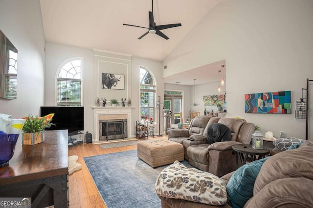 1511 Rocky Knoll Ln, Dacula, GA 30019 - living area with ceiling fan, plenty of natural light, light wood-style floors, high vaulted ceiling, and a premium fireplace