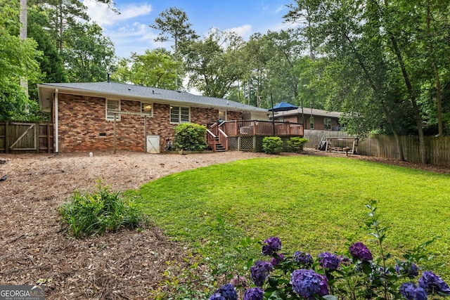 2163 Medfield Trl NE, Chamblee, GA 30345 - rear view of property with a deck, a fenced backyard, brick siding, and crawl space