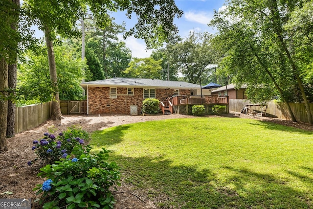2163 Medfield Trl NE, Chamblee, GA 30345 - rear view of house featuring a fenced backyard, a wooden deck, and brick siding