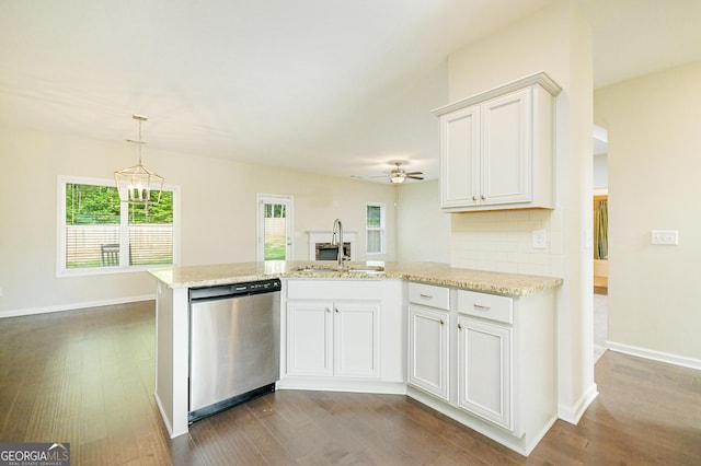232 Shelton Cir, Temple, GA 30179 - kitchen featuring dishwasher, dark wood-type flooring, a peninsula, white cabinets, and ceiling fan