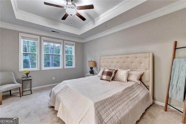 711 Topsail Ln, Alpharetta, GA 30005 - carpeted bedroom with crown molding, a raised ceiling, and ceiling fan