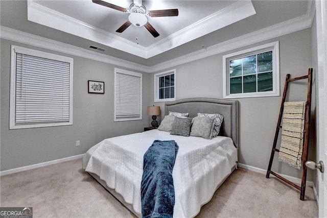 711 Topsail Ln, Alpharetta, GA 30005 - carpeted bedroom with a raised ceiling, ornamental molding, and a ceiling fan