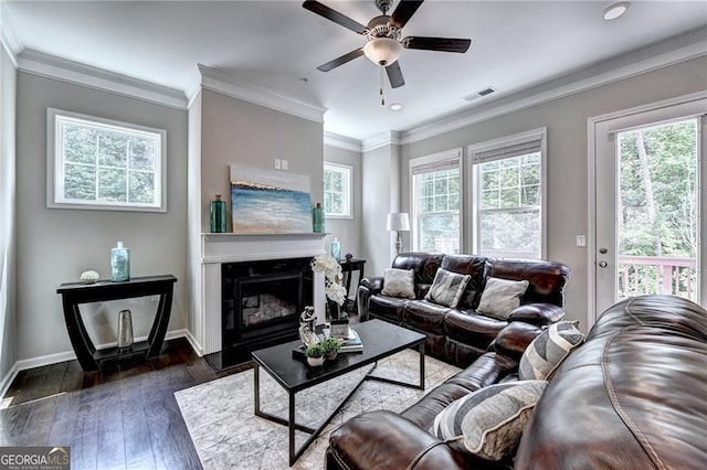 711 Topsail Ln, Alpharetta, GA 30005 - living area with a fireplace, a ceiling fan, dark wood-style flooring, crown molding, and recessed lighting