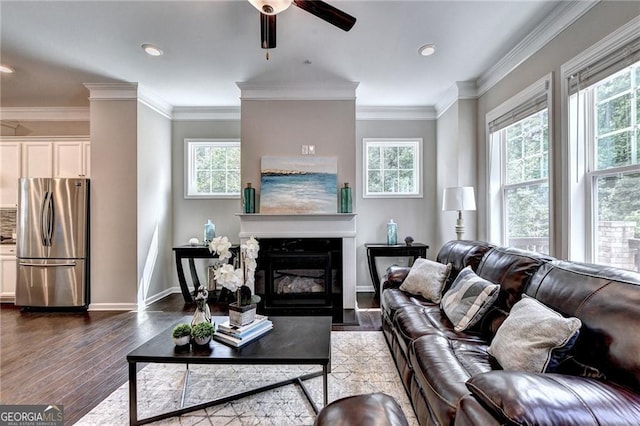 711 Topsail Ln, Alpharetta, GA 30005 - living area with dark wood-type flooring, a ceiling fan, a glass covered fireplace, recessed lighting, and ornamental molding