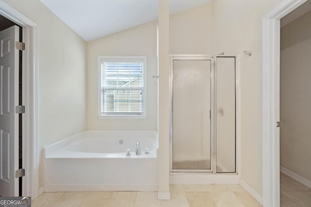 773 Van Briggle Path, Sugar Hill, GA 30518 - full bathroom with a shower stall, a bath, and lofted ceiling
