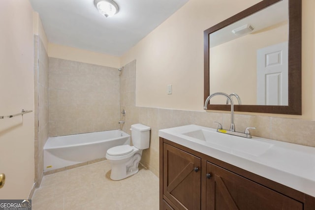 773 Van Briggle Path, Sugar Hill, GA 30518 - full bathroom with vanity, tile walls, tile patterned flooring, bathing tub / shower combination, and a wainscoted wall