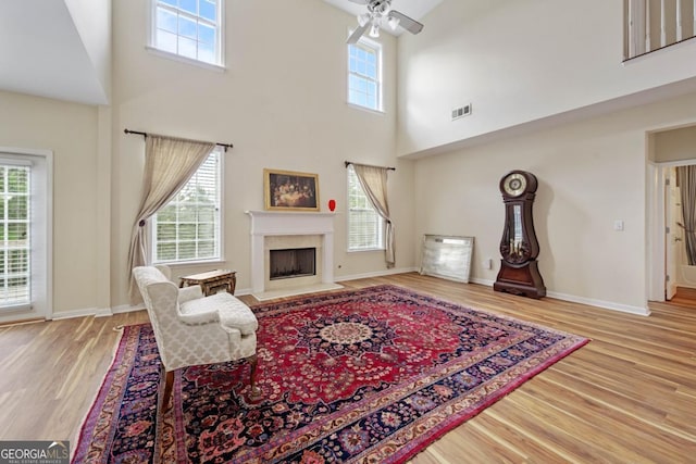 773 Van Briggle Path, Sugar Hill, GA 30518 - living room with a high ceiling, plenty of natural light, wood finished floors, and ceiling fan