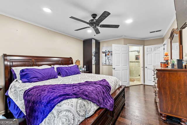 435 Hampton Grn, Peachtree City, GA 30269 - bedroom featuring crown molding, dark wood-type flooring, recessed lighting, ensuite bathroom, and a ceiling fan
