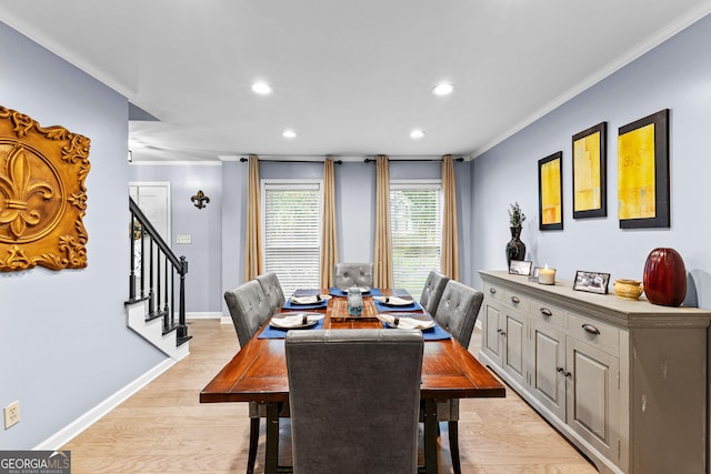 435 Hampton Grn, Peachtree City, GA 30269 - dining room featuring recessed lighting, ornamental molding, stairs, and light wood finished floors