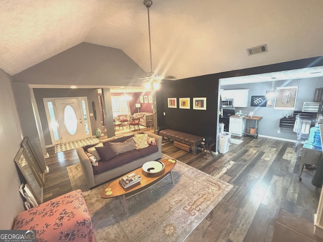 214 Sugar Hill Ct, Jackson, GA 30233 - living room with dark wood-style flooring, lofted ceiling, and ceiling fan