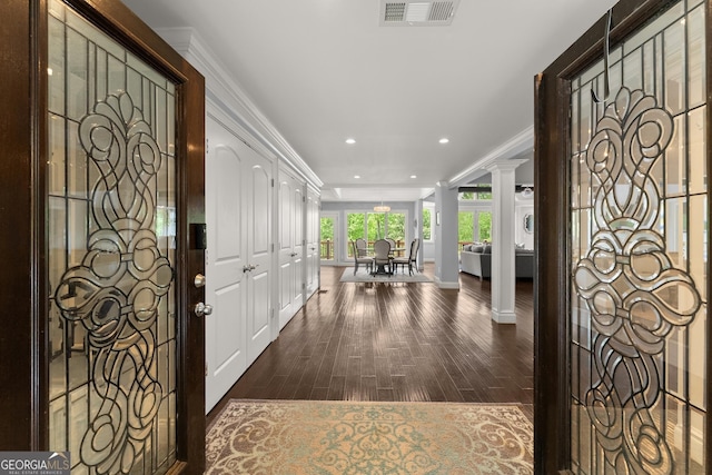 1572 Azalea Dr, Lawrenceville, GA 30043 - entrance foyer with ornamental molding, wood finished floors, decorative columns, and recessed lighting