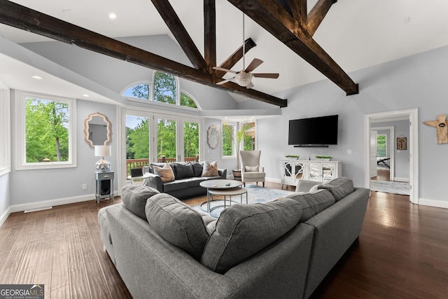 1572 Azalea Dr, Lawrenceville, GA 30043 - living room featuring beamed ceiling, a ceiling fan, wood finished floors, high vaulted ceiling, and recessed lighting
