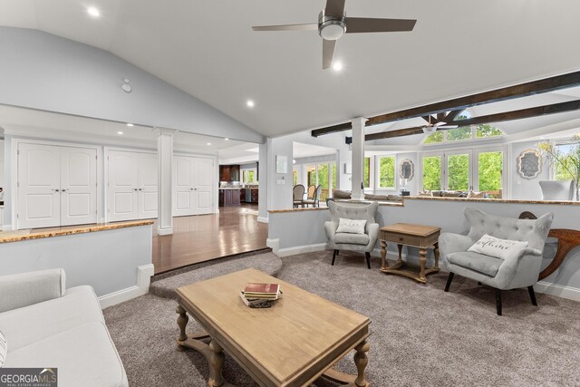 1572 Azalea Dr, Lawrenceville, GA 30043 - carpeted living room with a ceiling fan, lofted ceiling, recessed lighting, and ornate columns