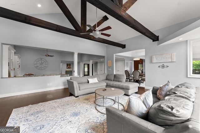 1572 Azalea Dr, Lawrenceville, GA 30043 - living area featuring ceiling fan, ornate columns, high vaulted ceiling, beam ceiling, and wood finished floors
