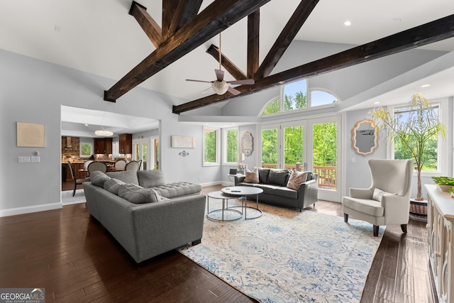 1572 Azalea Dr, Lawrenceville, GA 30043 - living area with beam ceiling, plenty of natural light, a ceiling fan, dark wood finished floors, and recessed lighting