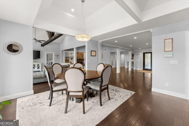 1572 Azalea Dr, Lawrenceville, GA 30043 - dining area with ornate columns, wood finished floors, recessed lighting, and ceiling fan