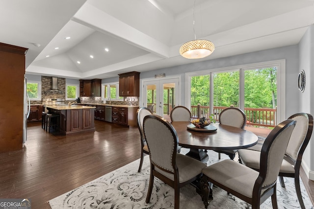 1572 Azalea Dr, Lawrenceville, GA 30043 - dining room featuring recessed lighting, french doors, a tray ceiling, dark wood-style floors, and vaulted ceiling
