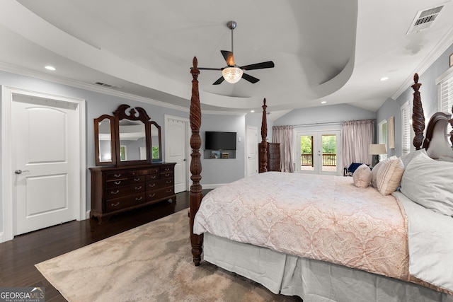 1572 Azalea Dr, Lawrenceville, GA 30043 - bedroom with recessed lighting, ornamental molding, a raised ceiling, wood finished floors, and access to exterior