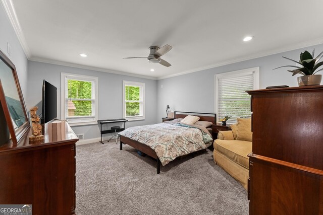 1572 Azalea Dr, Lawrenceville, GA 30043 - bedroom with carpet flooring, recessed lighting, ornamental molding, and ceiling fan