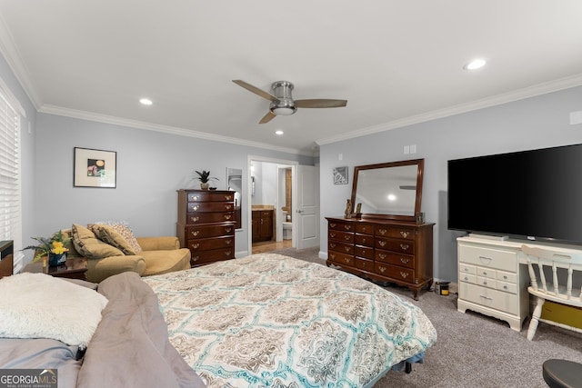 1572 Azalea Dr, Lawrenceville, GA 30043 - carpeted bedroom featuring crown molding, recessed lighting, ceiling fan, and connected bathroom