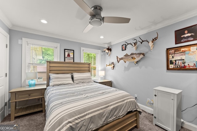 1572 Azalea Dr, Lawrenceville, GA 30043 - carpeted bedroom with crown molding, recessed lighting, and ceiling fan