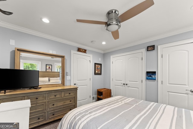 1572 Azalea Dr, Lawrenceville, GA 30043 - bedroom featuring ornamental molding, recessed lighting, and a ceiling fan