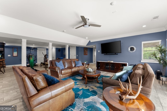 1572 Azalea Dr, Lawrenceville, GA 30043 - living area featuring ornate columns, crown molding, ceiling fan, light wood-type flooring, and recessed lighting
