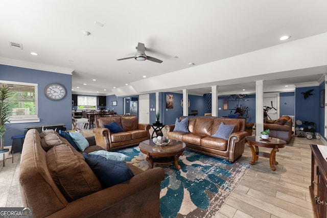 1572 Azalea Dr, Lawrenceville, GA 30043 - living room featuring recessed lighting, light wood-style flooring, a ceiling fan, and crown molding