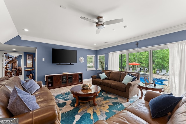 1572 Azalea Dr, Lawrenceville, GA 30043 - living room with ceiling fan, ornamental molding, recessed lighting, and wood finished floors