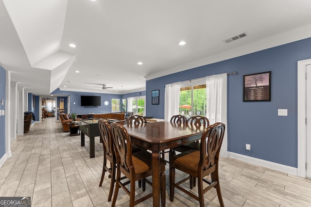 1572 Azalea Dr, Lawrenceville, GA 30043 - dining area featuring light wood-type flooring, crown molding, recessed lighting, and ceiling fan