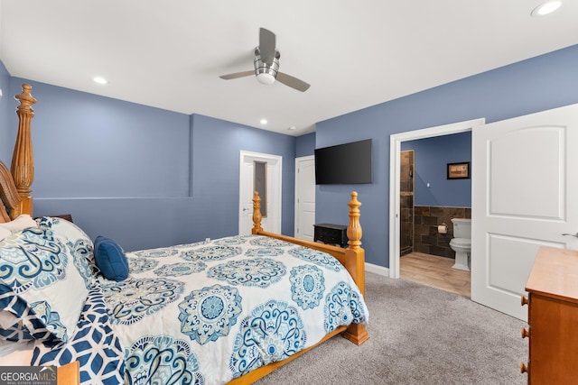 1572 Azalea Dr, Lawrenceville, GA 30043 - bedroom with carpet, ensuite bathroom, a ceiling fan, and recessed lighting