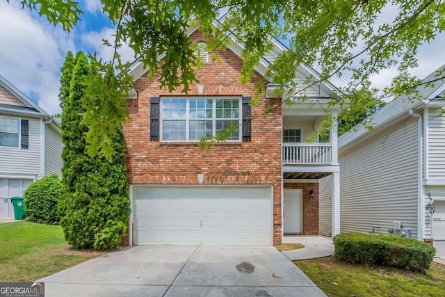513 Shadow Valley Ct, Lithonia, GA 30058 - traditional home with brick siding, driveway, a garage, and a balcony