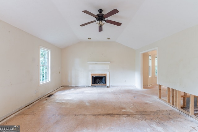 3930 Pine Tree Ln, Gainesville, GA 30501 - unfurnished living room featuring a fireplace, a ceiling fan, and lofted ceiling