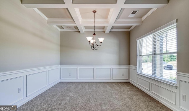 1172 Faulkner Way, Jonesboro, GA 30238 - unfurnished room with beamed ceiling, a chandelier, coffered ceiling, wainscoting, and light colored carpet