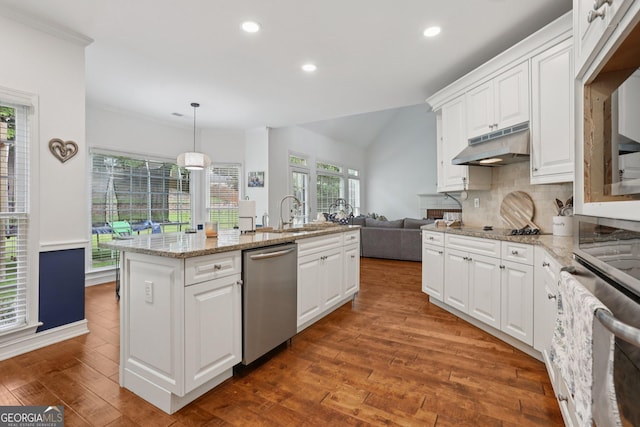 2009 Mclain Rd NW, Acworth, GA 30101 - kitchen featuring under cabinet range hood, stainless steel appliances, wood finished floors, white cabinets, and decorative backsplash
