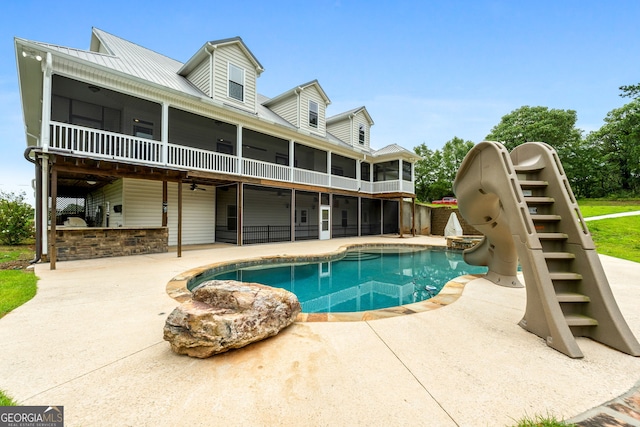 735 Firetower Rd, Thomaston, GA 30286 - swimming pool with a sunroom, a patio area, and ceiling fan