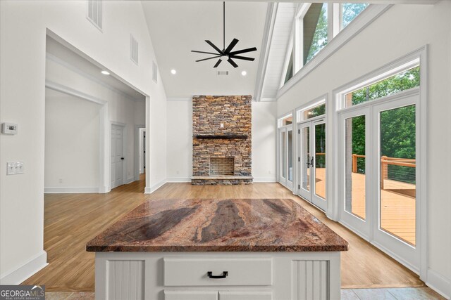 85 Geralds Pt, Wedowee, AL 36278 - unfurnished living room with high vaulted ceiling, plenty of natural light, a ceiling fan, light wood-style floors, and a fireplace